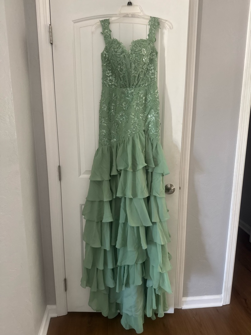 Sage Green Beaded Ruffle Tiered Gown